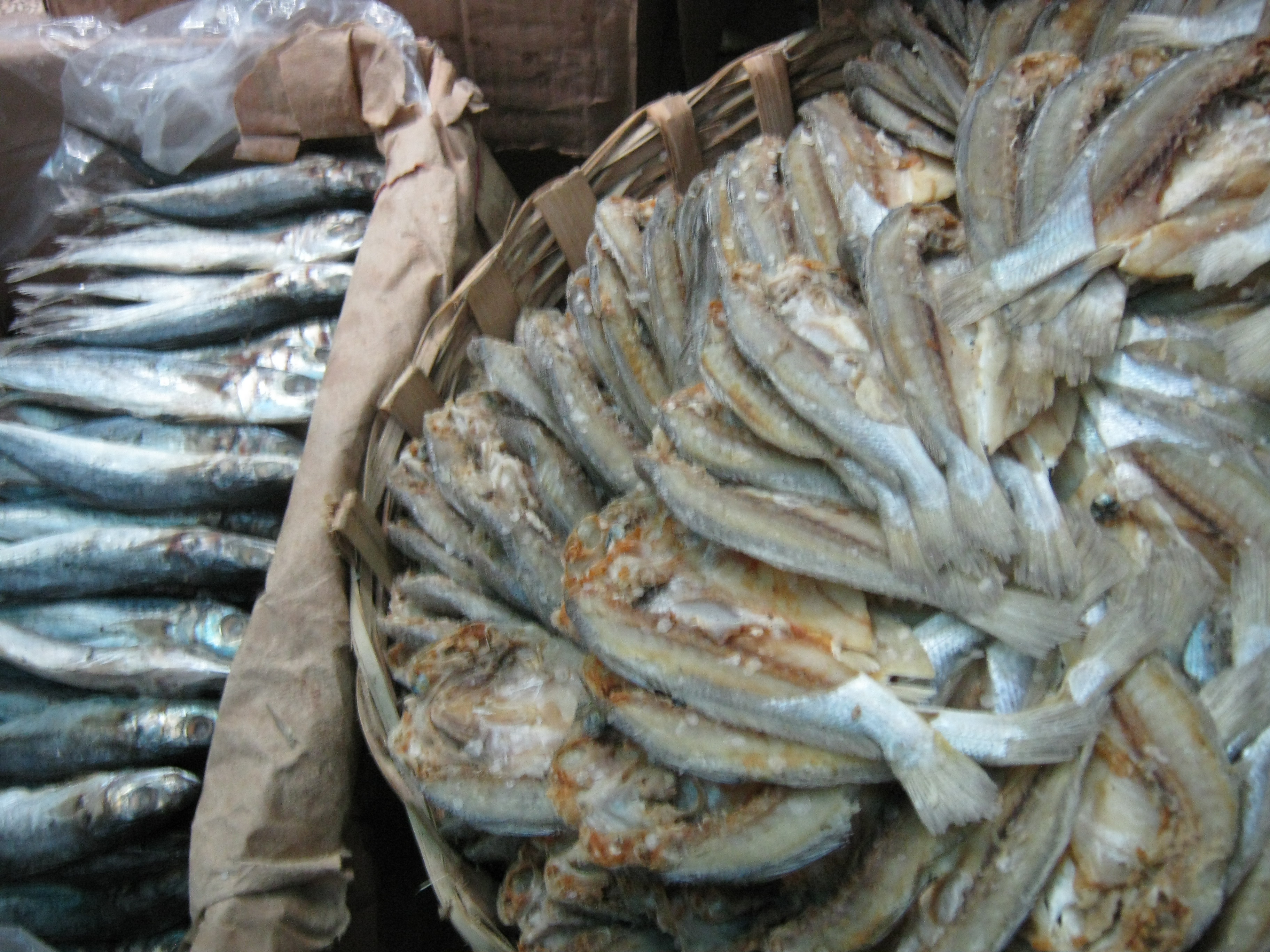 salted fish in bamboo basket